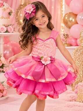 Weissman XSC Pink Sequin Tutu Dance Dress Costume w/ Matching Hair Bow